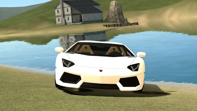 White Aventador parked by the lake house