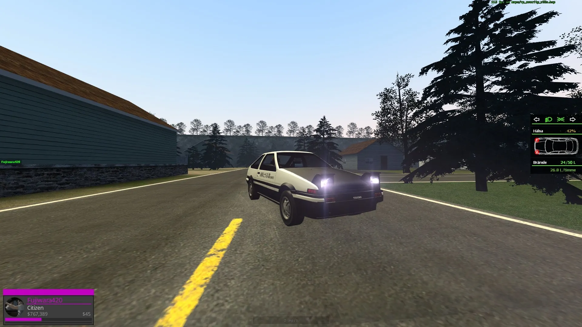 An AE86 driving down a sunny EvoCity road
